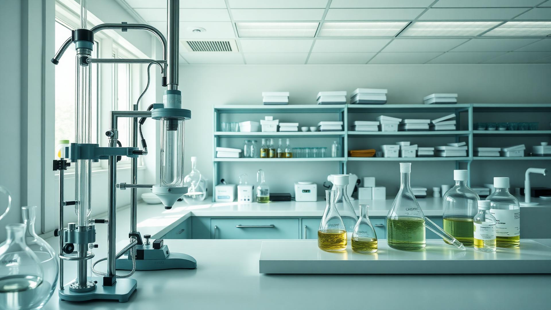 Pharmaceutical research laboratory bench with glassware and plant extracts